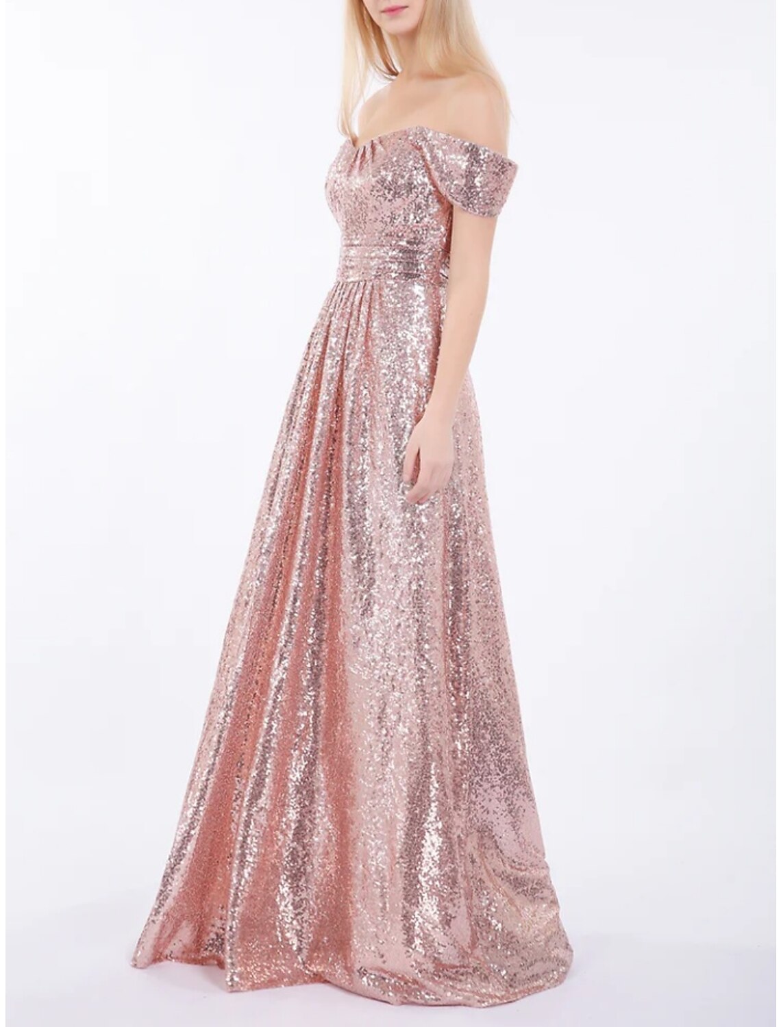 Abito da damigella d'onore a trapezio, elegante, con spalle scoperte, maniche corte, lunghezza al pavimento, paillettes e arricciature
